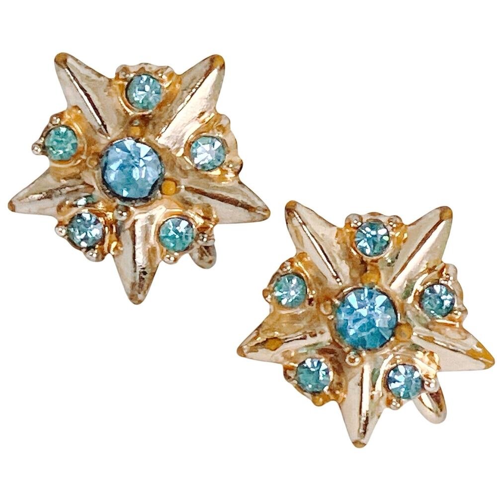 Vintage Aqua Blue Rhinestone Mid Century Atomic Starburst Screw Back Earrings